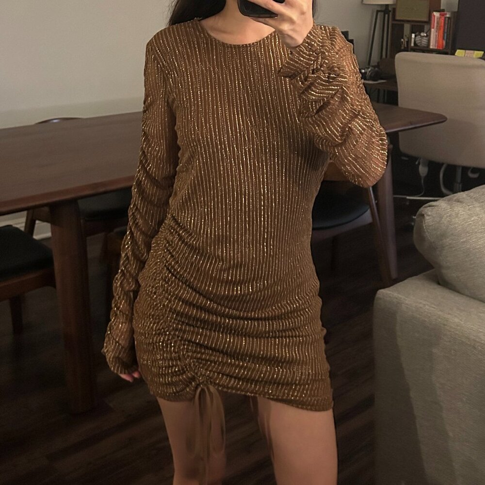 Light Brown Dress with Gold Lurex and Ruching Along One Side and Sleeves - Small